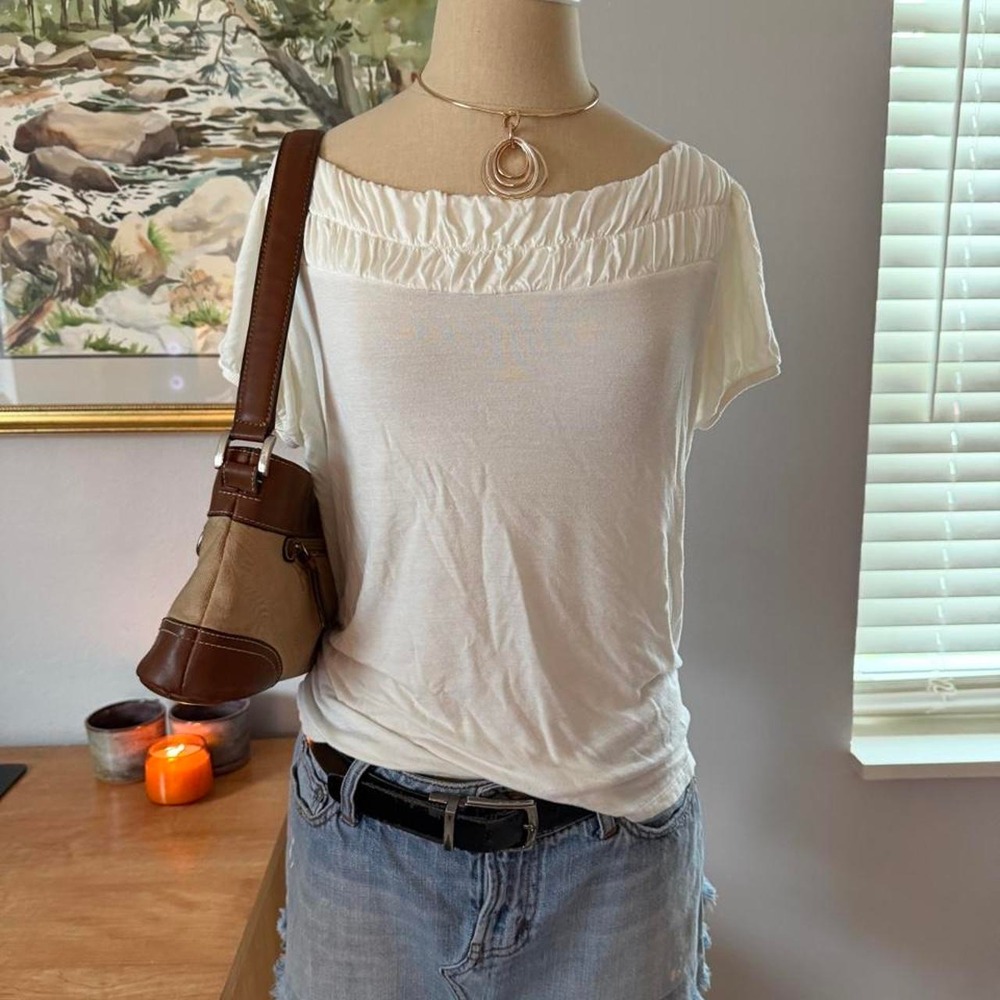 To The Max Women Pearl White Ruffle Neck Puff Sleeve Peasant Top Large TW192321